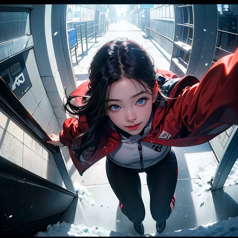 ( Masterpiece, best quality , shot from above, 100mm lens, fisheye), ((pov from above:1.4)), (( subway station:1.5, snow season, heavy snow, high detailed, intricate details, running away from viewer )), kazuha, ( narrow face, strong jaw,  plump cheeks, dark hair , cute smile, thigh gap, beautiful baby blue eyes, wearing loose-fitted drip ootd ), (backlit, soft light, particles, raytracing, HDR, 8K, cinematic lighting, tetradic, UHD)