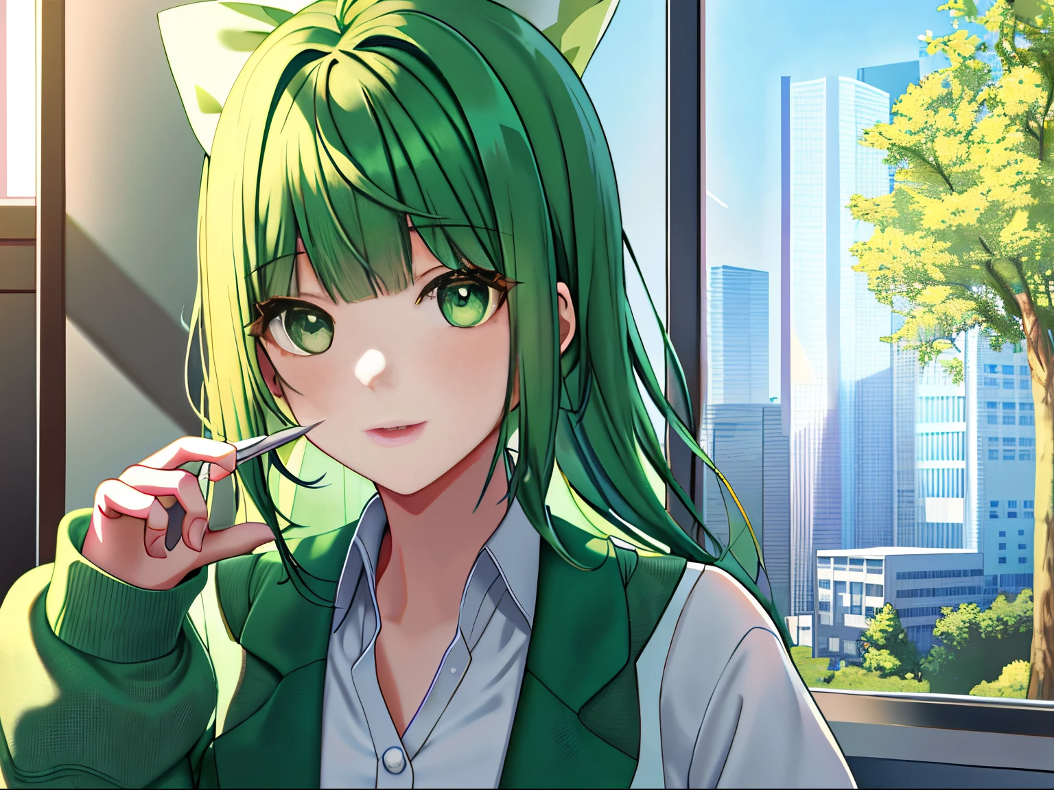 Green hair、muffler、Cardigan、女の子1人、White shirt、a matural female、Blunt bangs、the bow、a picture、realisticlying、top-quality、adopt、A detailed face、s Office、Building from the window、细致背景、diffuse sunlight、depth of field idle finger