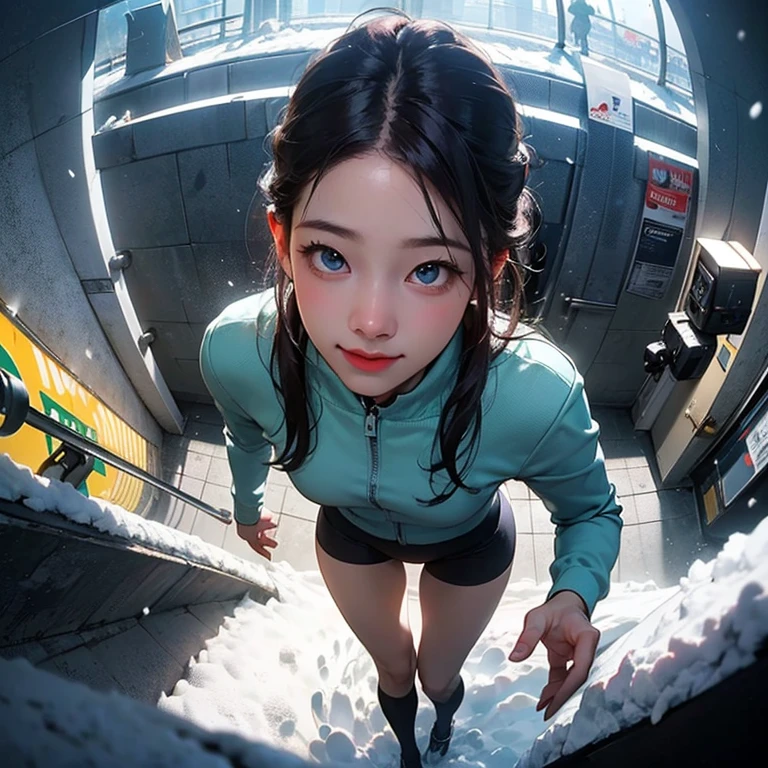 ( Masterpiece, best quality , shot from above, 100mm lens, fisheye), ((pov from above:1.4)), (( subway station:1.5, snow season, heavy snow, high detailed, intricate details, running away from viewer )), kazuha, ( narrow face,  plump cheeks, dark hair , cute smile, thigh gap, beautiful  blue eyes, wearing loose-fitted drip ootd ), (backlit, soft light, particles, raytracing, HDR, 8K, cinematic lighting, tetradic, UHD)