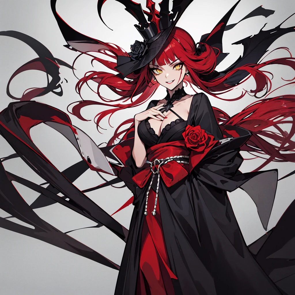 (absurdres, 8k, 4k, masterpiece, hyper extreme detailed:1.2), solo, 1girl, front view, perfect face, 1girl, (straight cut bangs), (very long hair), evil, queen, portrait, expressive eyes, solo, perfect anatomy, evil eyes, female, medium boobs, red kimono, roses, ((long red hair)), windy, evil smile, yellow eyes, female, dark, gothic clothes, blood, (full body)
