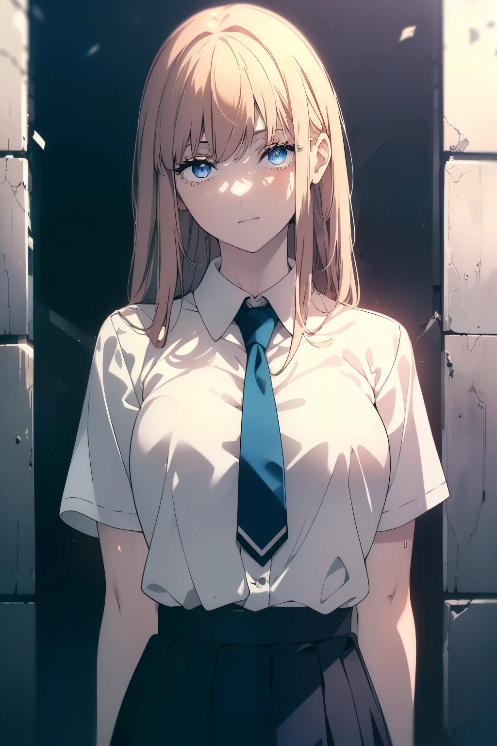 (Obra maestra, La mejor calidad, ultrahigh resolution), 1girl, standing, school uniform, white office shirt, black pleated skirt, ((light brown, light brown hair:0.7), long hair cut, pale skin, ((blue eyes)), glowing_eyes, neon eyes, (ultra detailed eyes, beautiful and detailed face, detailed eyes), ((centered)), smile, ((wide shot)), facing viewer, eye level, (blurry background, bright summer background, summer), flat chested, looking at viewer, ((half closed eyes)), ((perfect hands)), (((head, arms, hips:0.7, elbows, in view))), ((hands behind back)), empty eyes, beautiful lighting, outside, outdoors, background, defined subject, 25 years old,