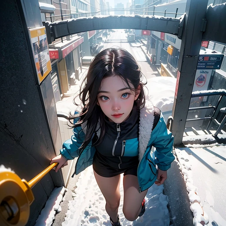 ( Masterpiece, best quality , shot from above, 100mm lens, fisheye), ((pov from above:1.4)), (( subway station:1.5, snow season, heavy snow, high detailed, intricate details, running opposite to viewer:1.3 )), kazuha, ( narrow face,  plump cheeks, dark hair , cute smile, thigh gap, beautiful baby blue eyes, wearing loose-fitted drip ootd ), (backlit, soft light, particles, raytracing, HDR, 8K, cinematic lighting, tetradic, UHD)