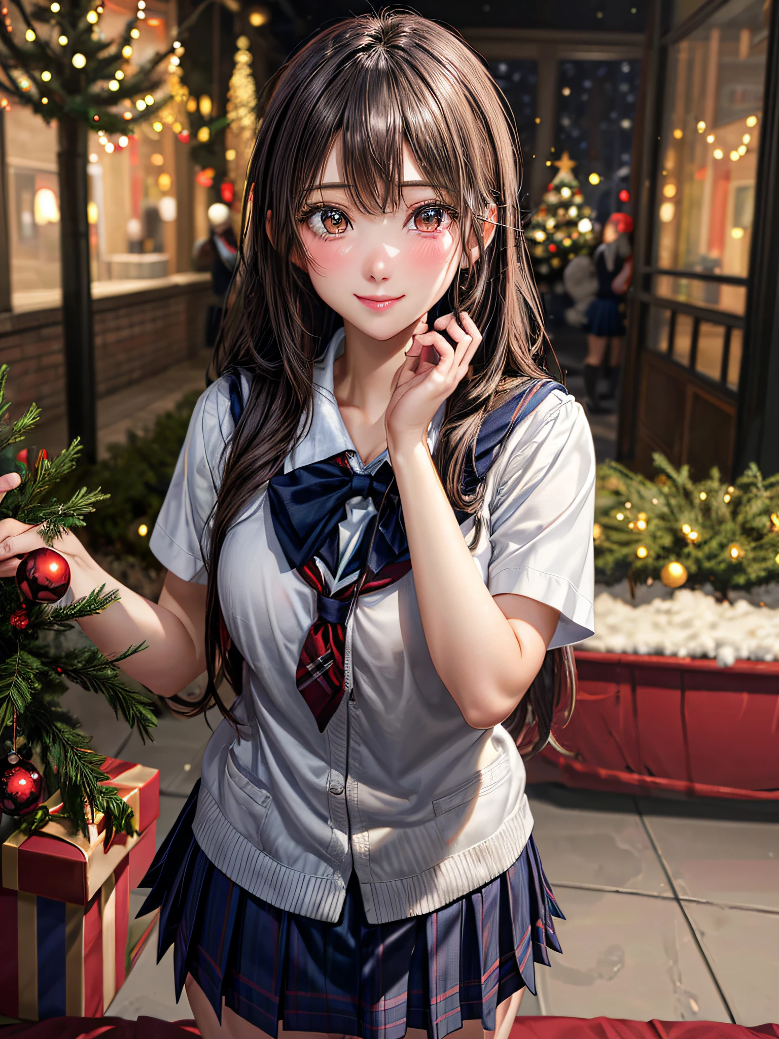 (2girls:1.4), Extremely cute, amazing face and eyes beautiful nice smile), (extremely detailed beautiful face), bright and shiny lips, (School uniform, Pleated skirt:1.3), (Best Quality:1.4), (hyper quality), (Ultra-detailed), (Hyper-realistic, Photorealsitic:1.37), Authentic skin texture, intricate-detail, extremely detailed CG unified 8k wallpaper, RAW Photos, professional photograpy, Cinematic lighting, Exposing, Christmas tree, Christmas Ornaments, Christmas Decorations, Christmas Lights, Christmas Lights,