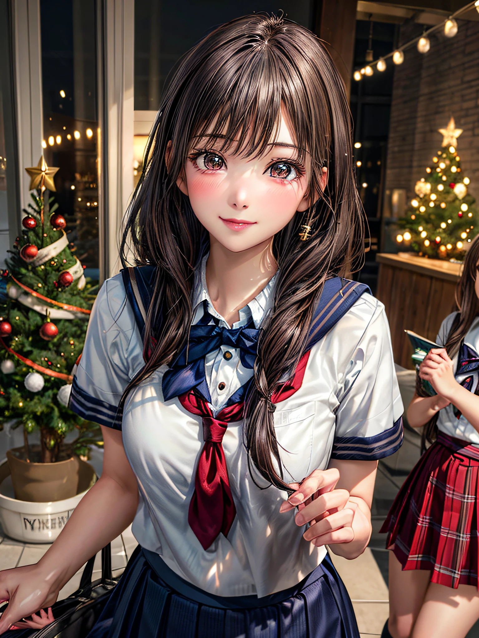(2girls:1.4), Extremely cute, amazing face and eyes beautiful nice smile), (extremely detailed beautiful face), bright and shiny lips, (School uniform, Pleated skirt:1.3), (Best Quality:1.4), (hyper quality), (Ultra-detailed), (Hyper-realistic, Photorealsitic:1.37), Authentic skin texture, intricate-detail, extremely detailed CG unified 8k wallpaper, RAW Photos, professional photograpy, Cinematic lighting, Exposing, Christmas tree, Christmas Ornaments, Christmas Decorations, Christmas Lights, Christmas Lights,