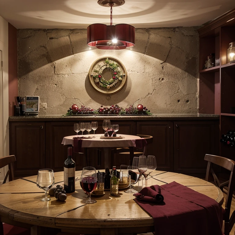 Designs in an apartment deux pièces in an immeuble modern à Pleine Ville with a decoration on the theme of the wine with a decoration attrayante (table avec un tonneau en pied, parement en pierre, vigne accrochée, Wine cellar, bouteille de vin, couleur mauve/rouge, et d'd'other ideas)