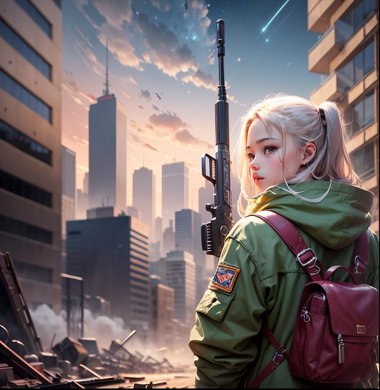 destroyed futuristic scenery, black child in the foreground with a rifle, the construction buildings have some pink flowers, navy blue sky, few stars, in the style of Hayao Miyazaki --auto --s2