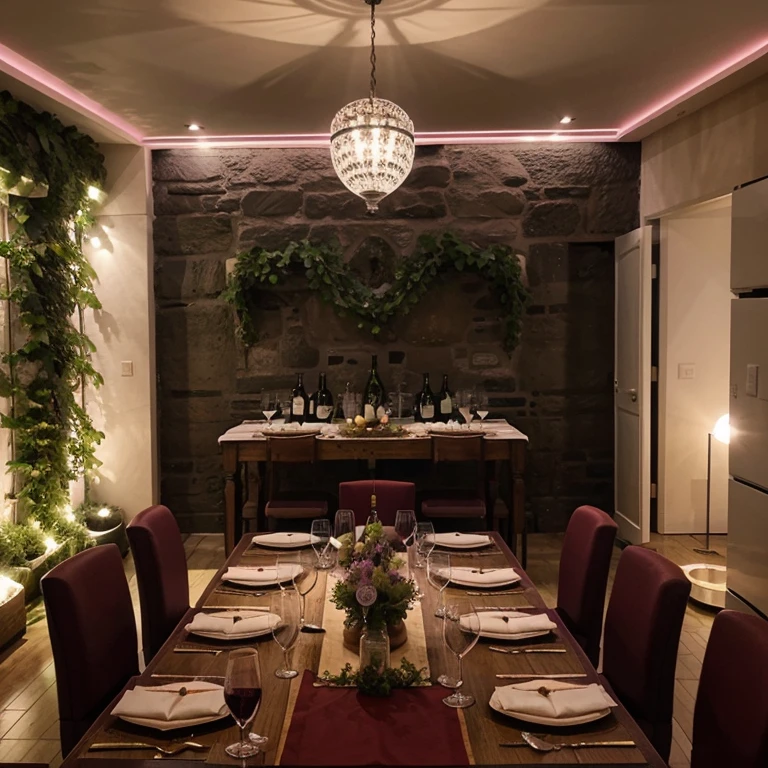 Aménagements Dans an apartment Deux pièces Dans an immeuble moderne à Pleine Ville with a decoration on the theme You vin with a decoration attrayante (table avec un tonneau en pieD, parement en pierre, vigne accrochée, Wine cellar, bouteille De vin, couleur mauve/rouge, et D'D'D'other ideas)