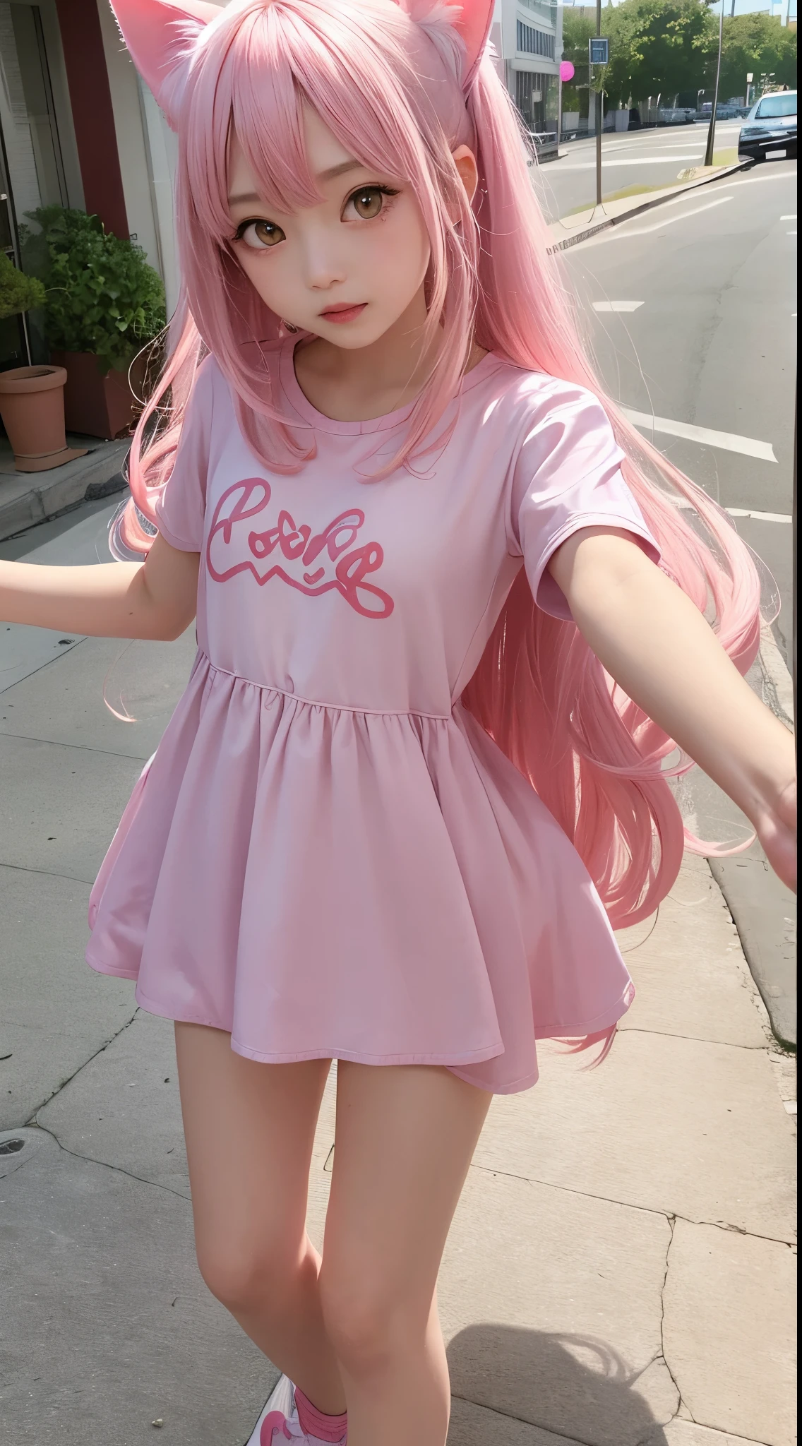 Best Quality, Masterpiece, 8k, RAW, Pink Silk young Cat Ear Girl, Cute, pink long hair, running towards viewer with wide spread arms, hugging, excited Expression, cute pink Clothing，Full-body portrait