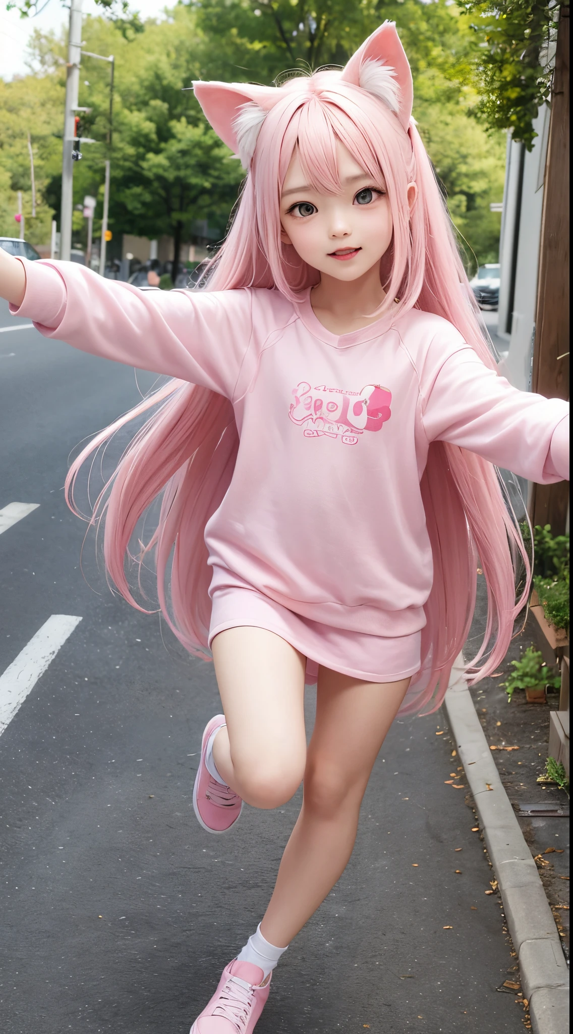 Best Quality, Masterpiece, 8k, RAW, Pink Silk young Cat Ear Girl, Cute, pink long hair, running towards viewer with wide spread arms, hugging, excited Expression, cute pink Clothing,Full-body portrait