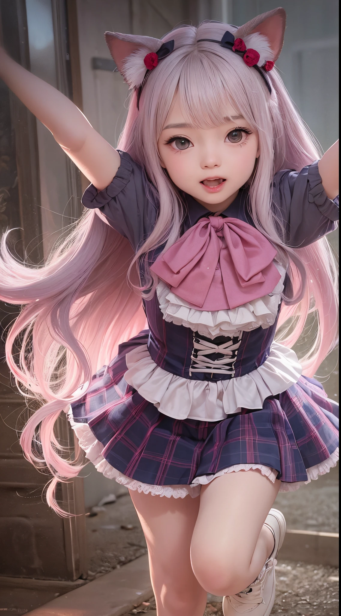 Best Quality, Masterpiece, 8k, RAW, Pink Silk young Cat Ear Girl, Cute, pink long hair, running towards viewer with wide spread arms, hugging, excited Expression, cute pink Clothing,Full-body portrait