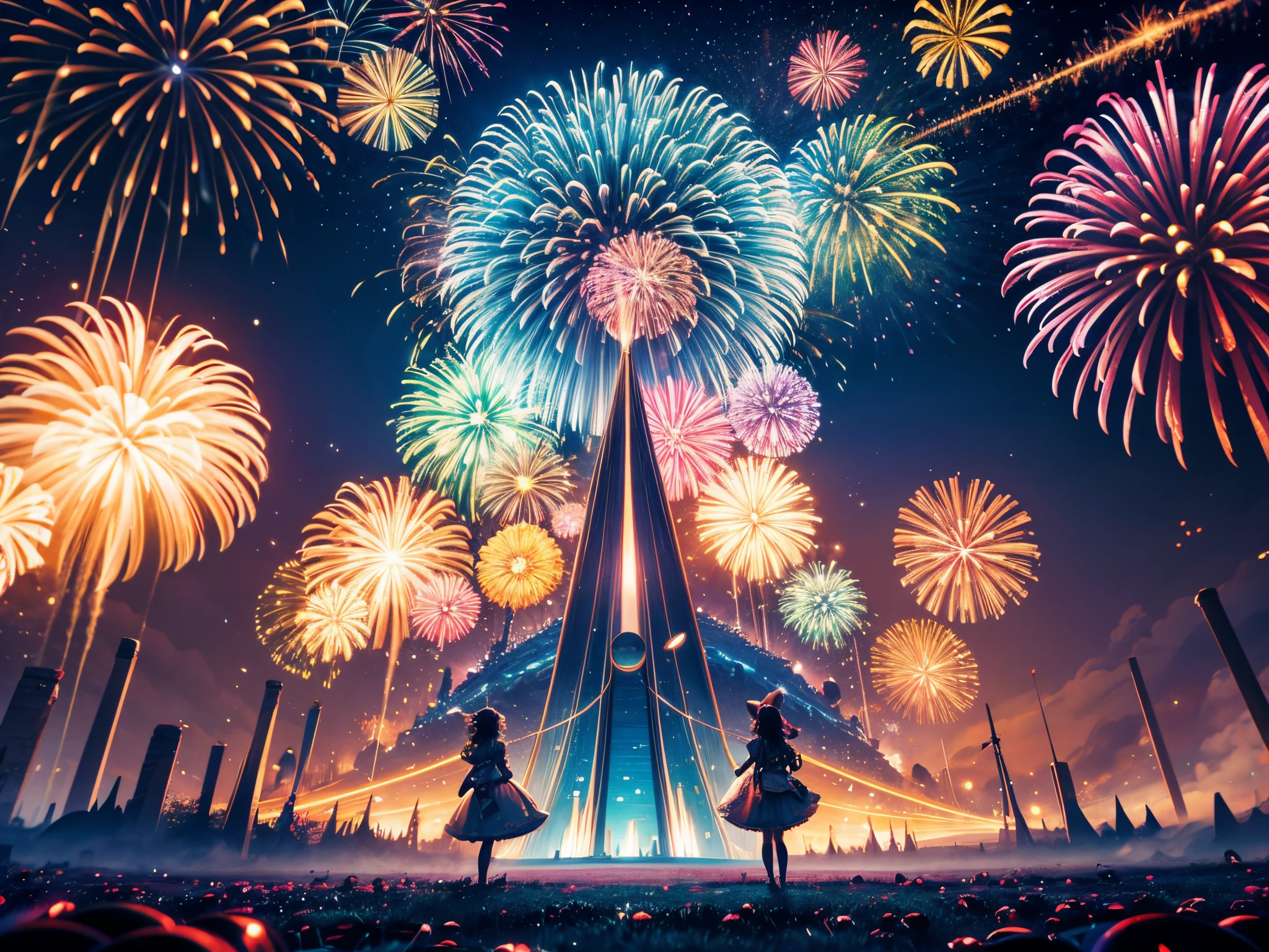 Imagine a whimsical wonderland where 3D fireworks trigger portals to alternate realities, each framed by swirling fractals that transport viewers through time. enormous tits