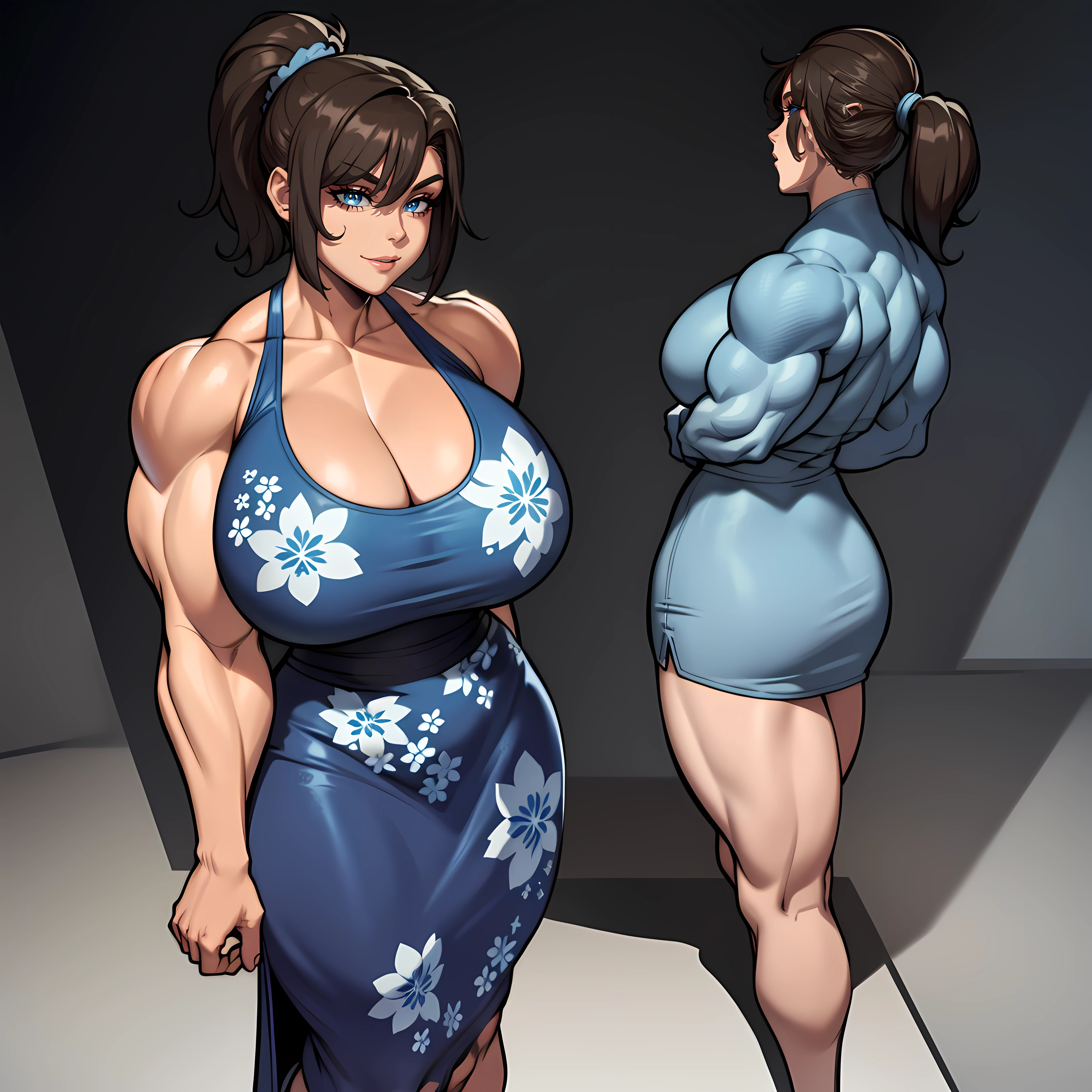 one female with short ponytail brown haircut, long form fitting blue floral dress, alone, solo, (ALONE)(SOLO), showing cleavage, facing forward, looking at me, looking forward, smirk, showing full legs, looking casual, ((((huge muscles))))