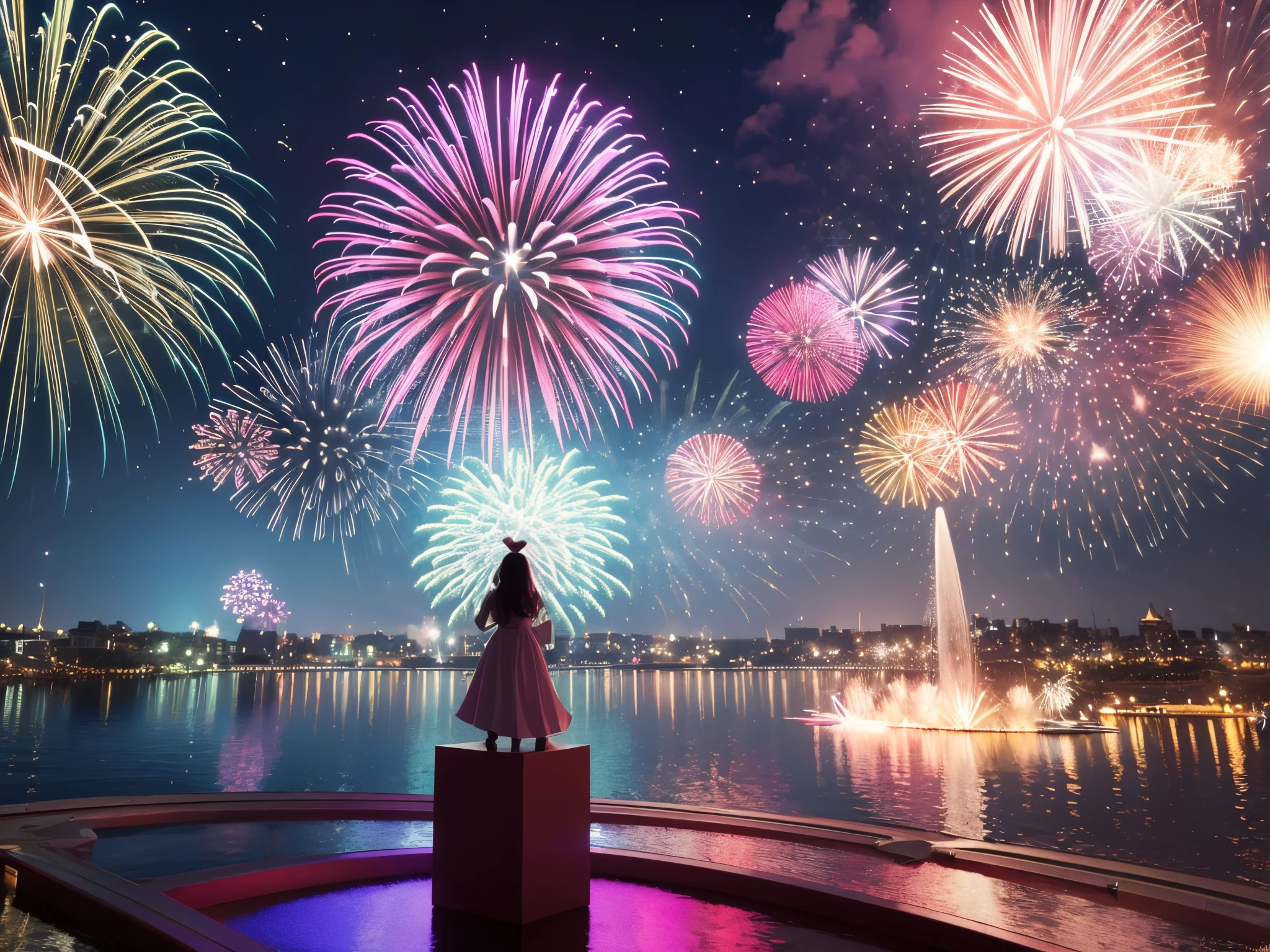 Imagine a whimsical wonderland where 3D fireworks trigger portals to alternate realities, each framed by swirling fractals that transport viewers through time. enormous tits