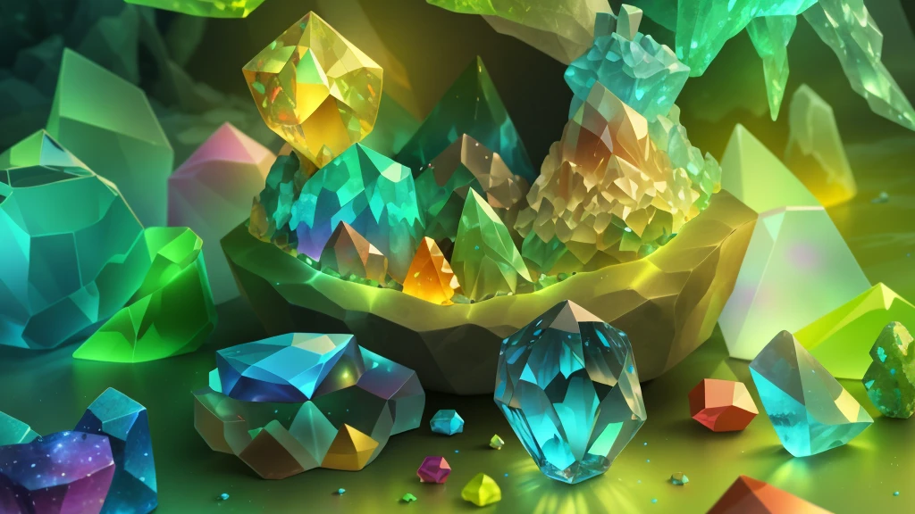 wonderful art beautiful minerals, Rainbow crystals, ultra - detailed,  world in a bottle，Light up colorful diamonds，jewely，crystal，shine，metallic  luster，Glaze color，a fairy world，incredible lighting, ultra - detailed, 8K, Unreal Engine5, a 3D render