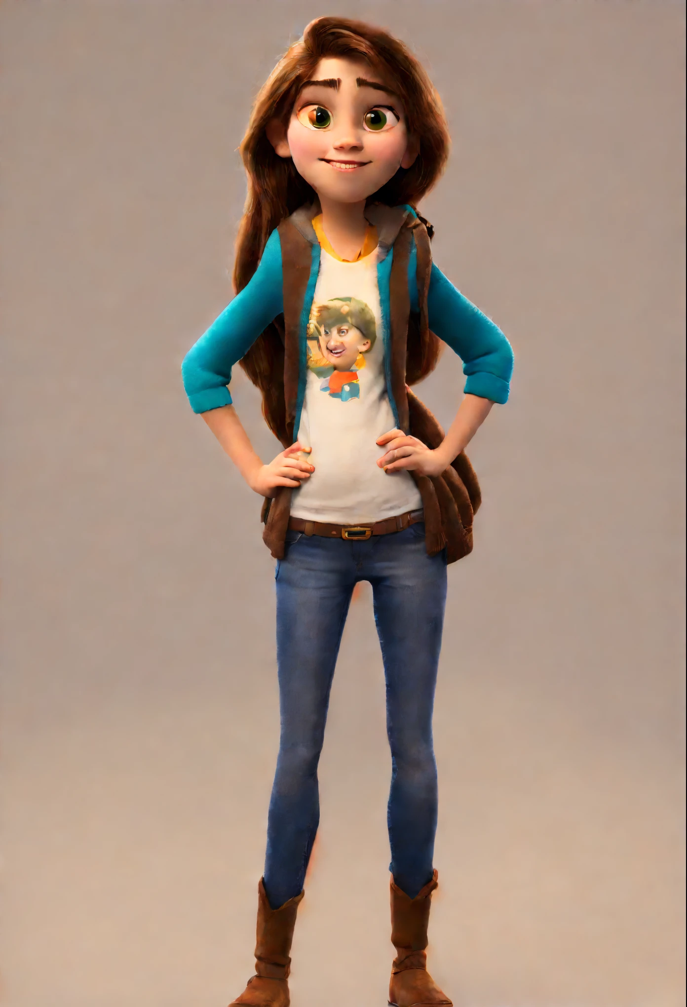 (Uma mulher de 23 anos),(brown hair),(olhos castanhos),(trabalhando na frente de um computador),(Pixar e Disney inspirados),(cores vibrantes),(soft lighting)