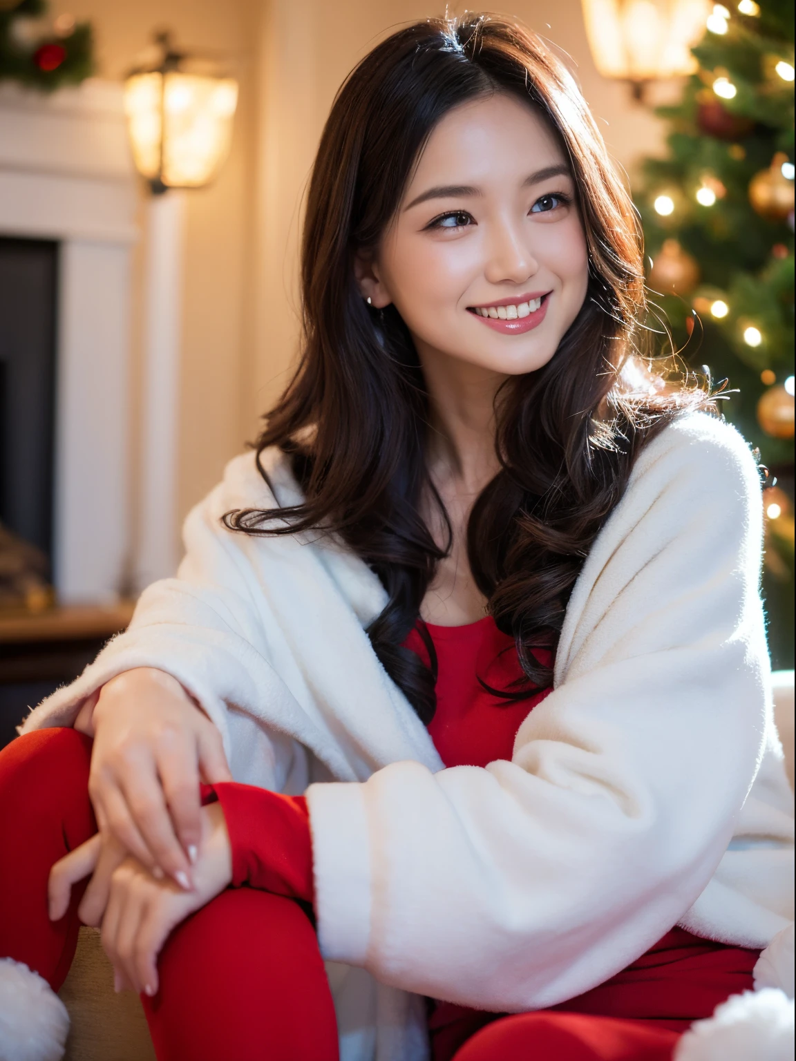 45 yers old、"cute girl santa claus, Red shoes, Illustration, super detailed, High quality (Best Quality, 4K, 8K, High resolution, masutepiece: 1.2), Portrait, Vivid colors, Warm tones, Realistic (Photo) Realistic:1.37), Festive atmosphere, jingle bell, Snow, Cozy winter scene, Elated look, Playful posture, Winter wonderland, Soft lighting, dreamy ambiance"