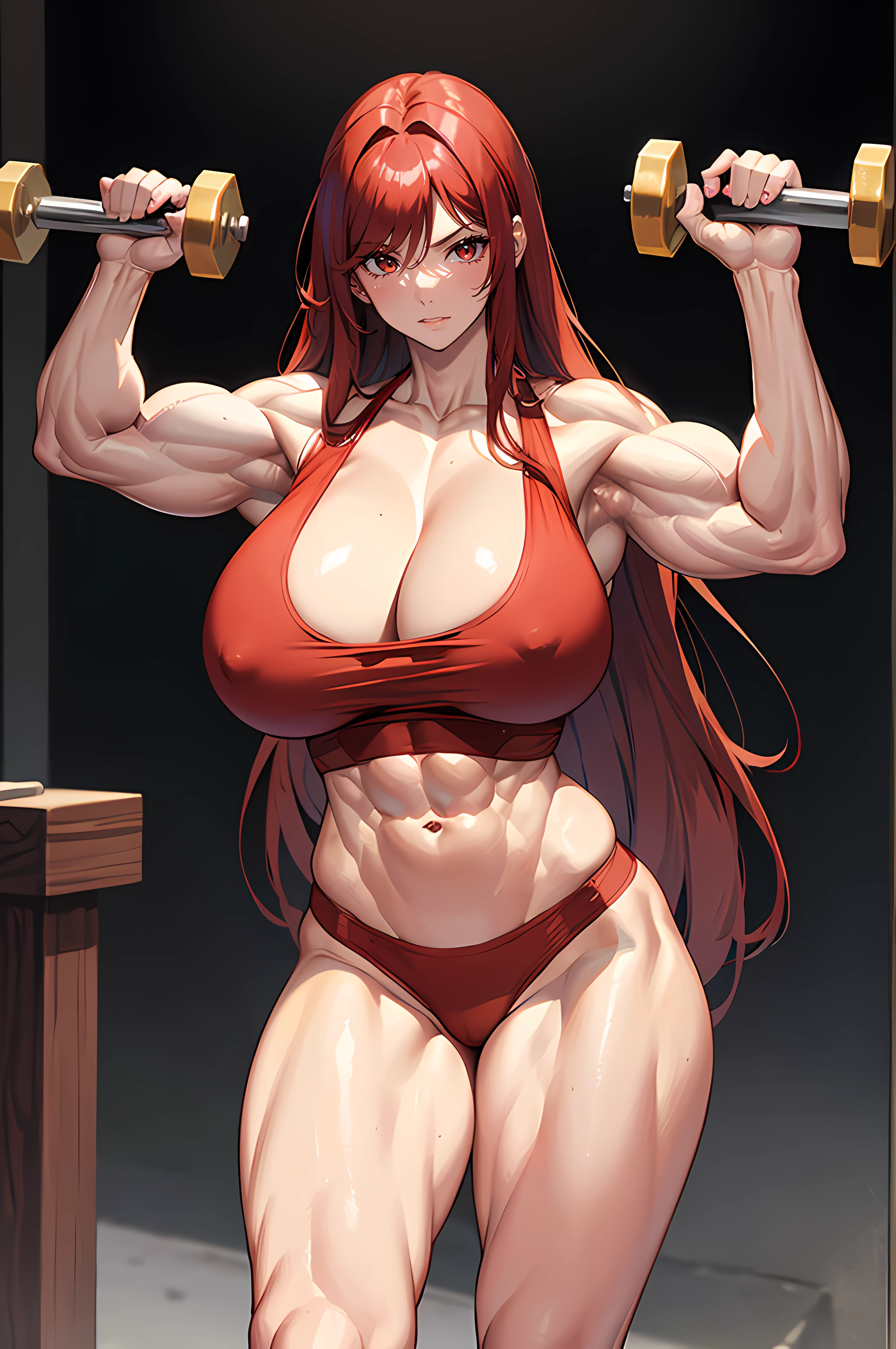 a mature muscular tall woman with long red hair and red eyes and (((big breasts))) working out with dumbells, ((((huge muscles))))