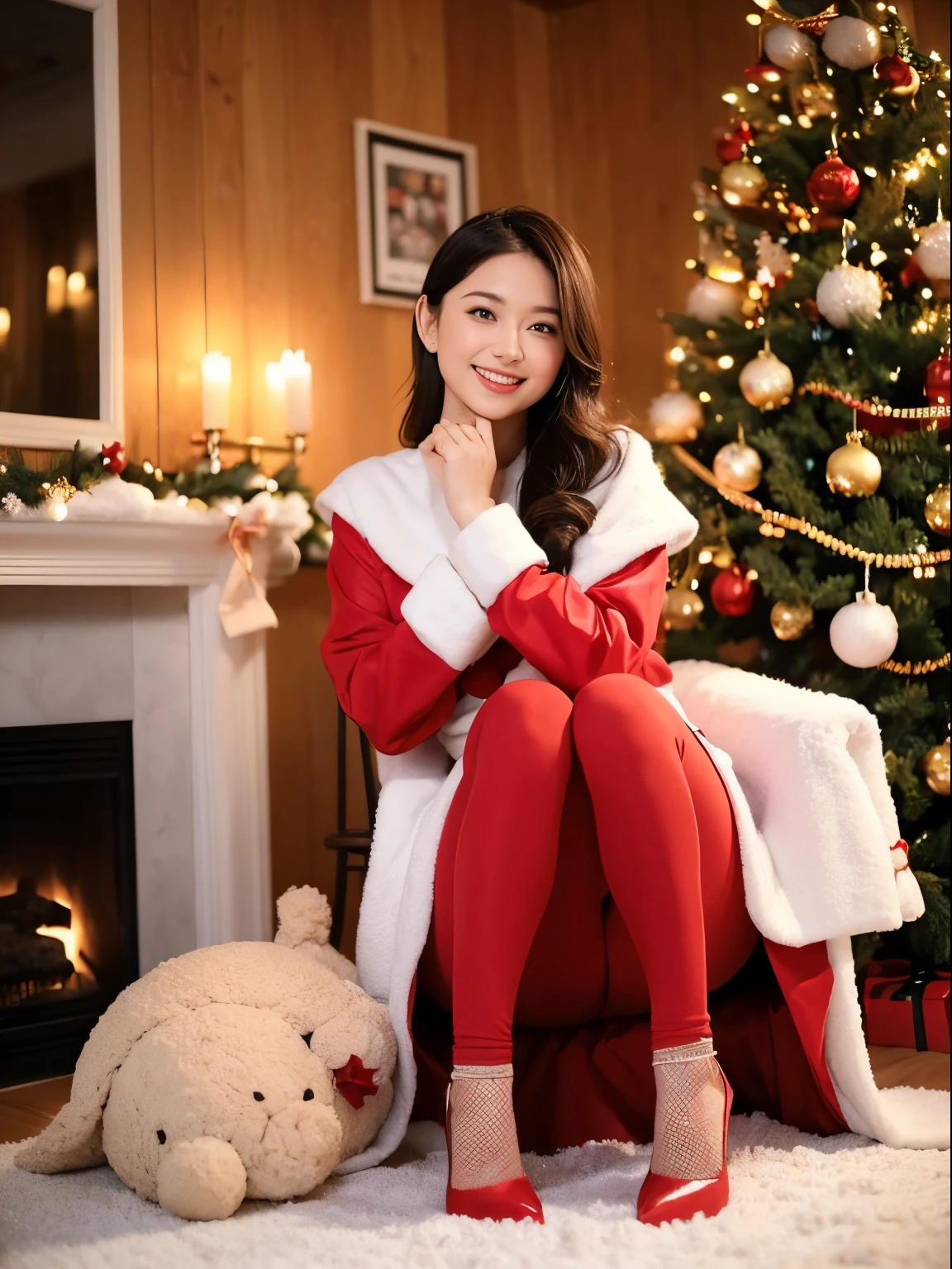 45 yers old、"cute girl santa claus, Red shoes, Illustration, super detailed, High quality (Best Quality, 4K, 8K, High resolution, masutepiece: 1.2), Portrait, Vivid colors, Warm tones, Realistic (Photo) Realistic:1.37), Festive atmosphere, jingle bell, Snow, Cozy winter scene, Elated look, Playful posture, Winter wonderland, Soft lighting, dreamy ambiance"