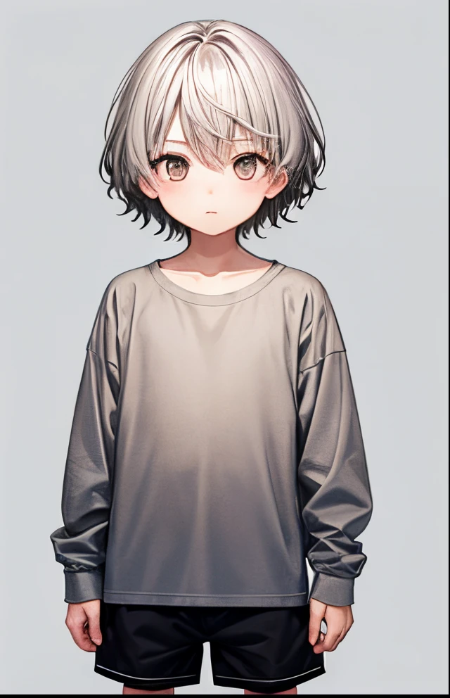 Boy with、No background、without background、light grey hair、brown eyes、 grey hair animesque、frilld、White Long Sleeved shirt、black shorts、kawaii、childish、without background