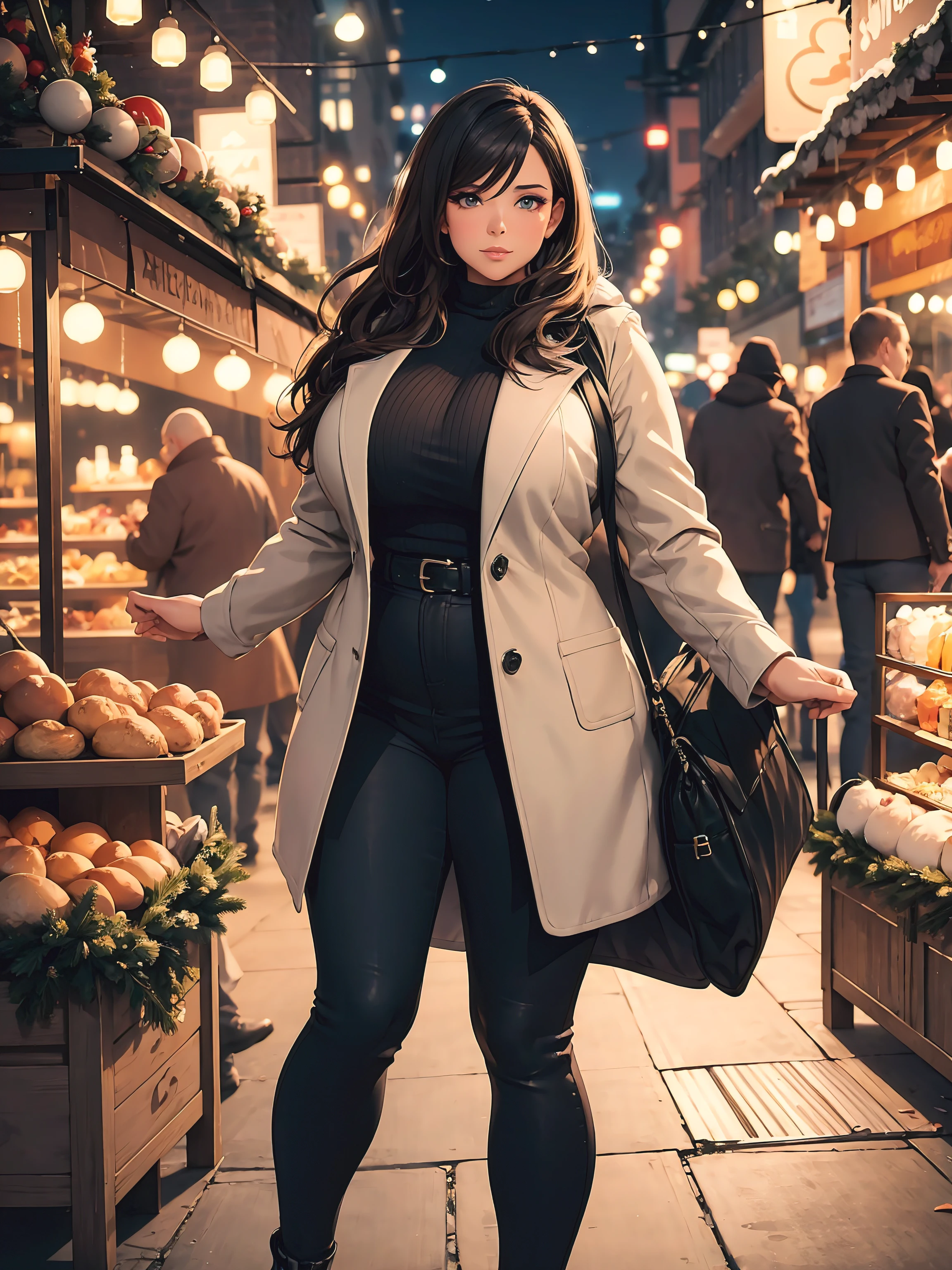 Night, winter, voluptuous woman with a curvy body, wearing a open winter coat, tight pants, walking away from a christmas market, drunk, looking aroused, bokeh, depth of field, low angle shot,