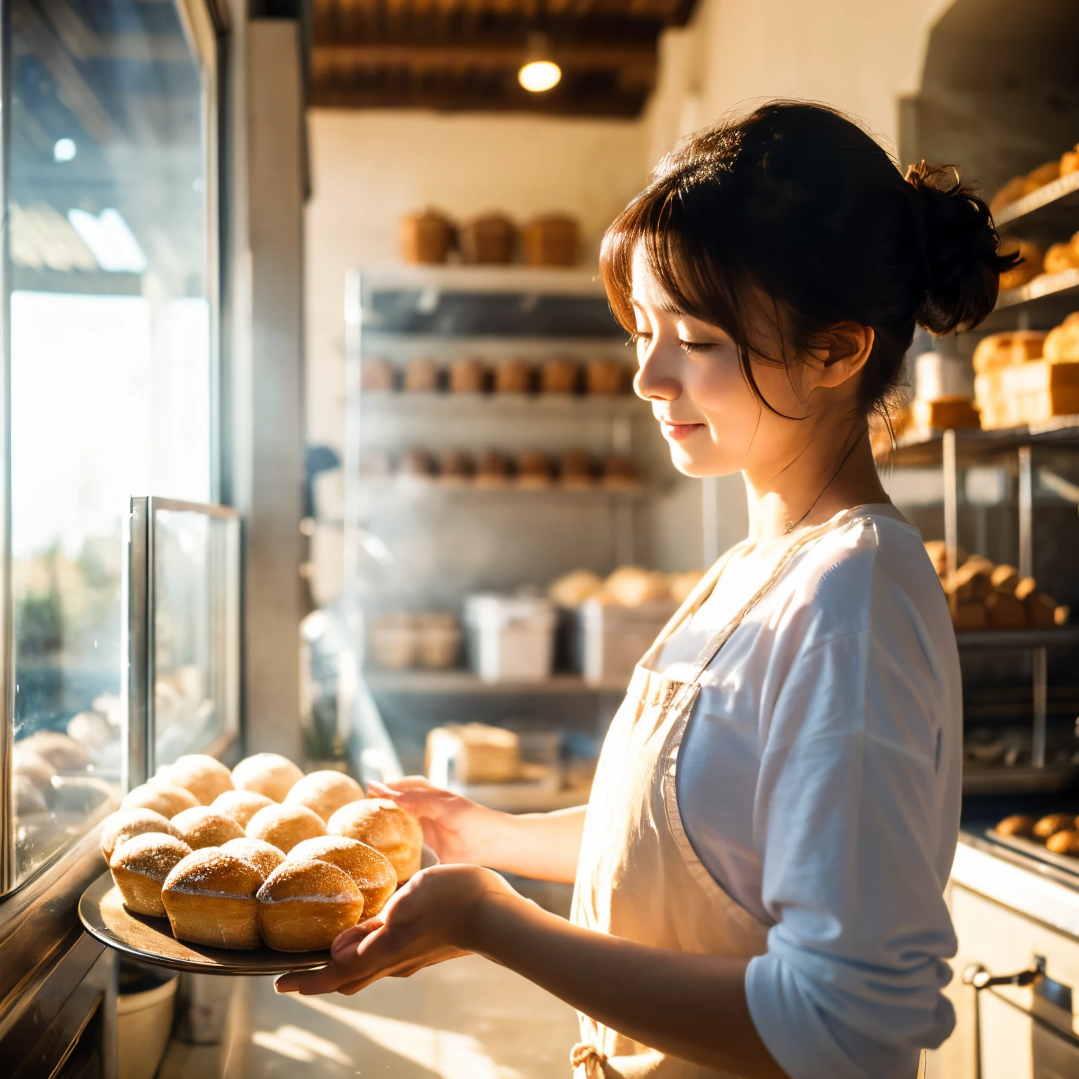 A hard-working lady begins preparing to open a bakery while basking in the morning sun.