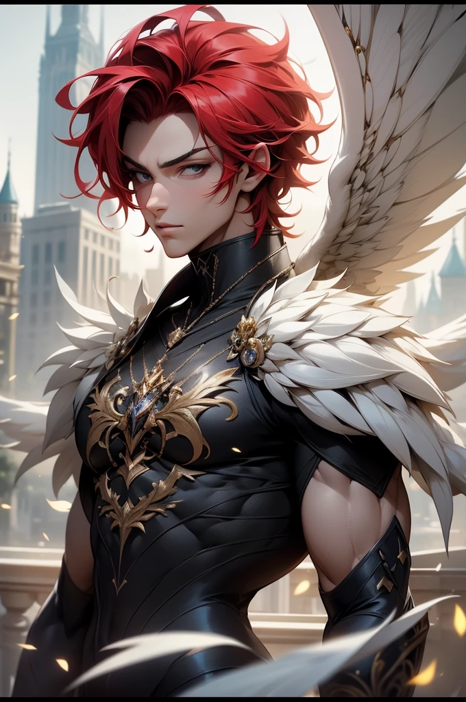 (Absurd, high quality, ultra-compared, careful with the hand) fairy woman, fairy wings, (pixie) body dreamy, vivid, romantic and all. Optimistic guy, just lies, no contribution and intellectual. Reckless style, cold hearted, impatient and very confident. Gray, mature and dark eyes (eyes of eyes), enchanted fairy. Short hair, red hair. In the city, looking forward, with wings open, looking coldly