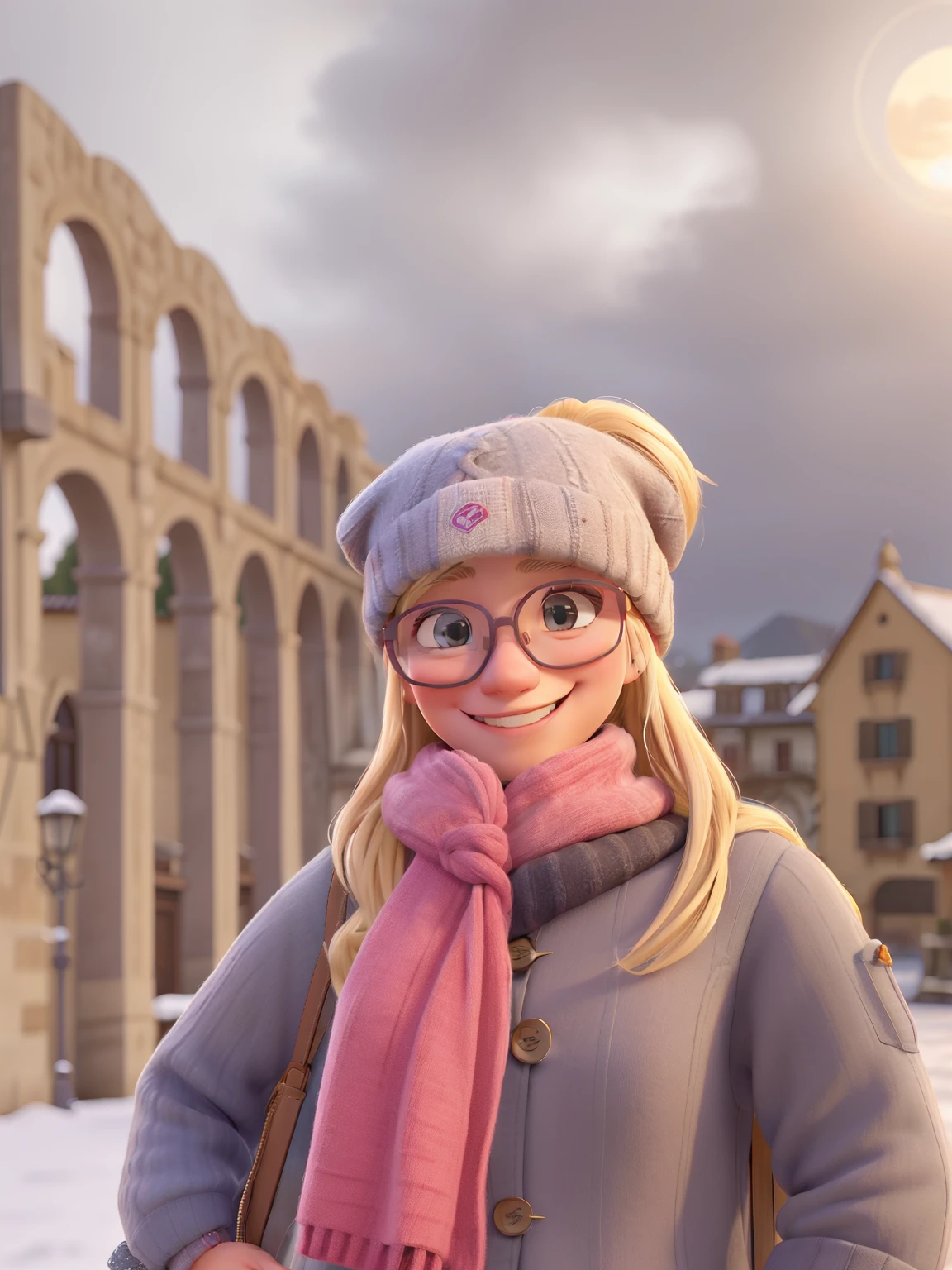 22 year old blonde girl smiling at the camera, delgada, gran calidad, con gafas de sol negras, gorro blanco, bufanda rosa y abrigo gris oscuro, sonrisa, amor, disney pixar, acueducto de Segovia de fondo