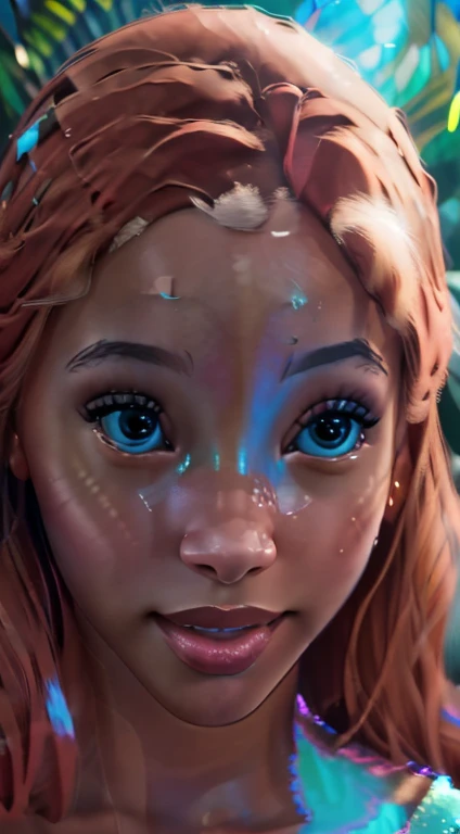 (award winning 64k concept art:1.2) of (black young woman:1.2), (HB_ariel) underwater, sweet, holding her breath, front, epic, god rays, centered, upper body, (masterpiece:1.2), (best quality:1.3), Amazing, highly detailed, beautiful, finely detailed, warm soft color grading, (Depth of field:1.4), extremely detailed 64k, fine art, stunning, iridescent, (shiny:1.4), (light reflections:1.3), (crisp:1.6), silver short curls, spring, vibrant, sunlit, (edge detection:1.4), absurdres, impressive, 120mm, glittering, extremely clear, lens flare, motion lines