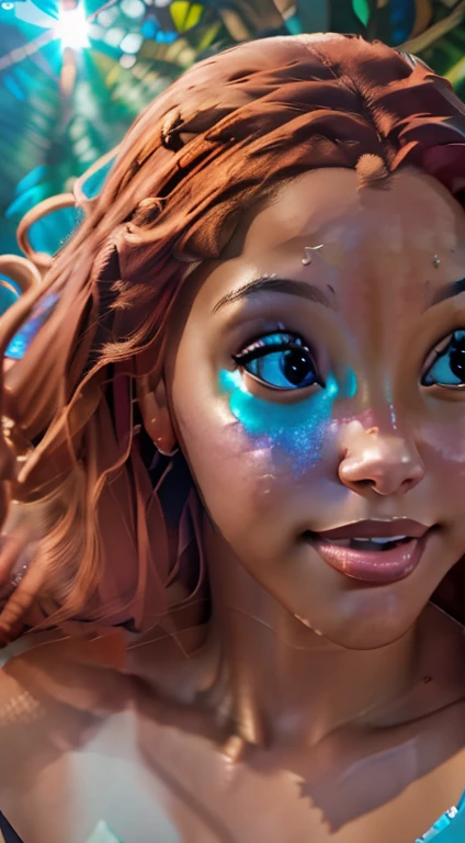 (award winning 64k concept art:1.2) of (black young woman:1.2), (HB_ariel) underwater, sweet, holding her breath, front, epic, god rays, centered, upper body, (masterpiece:1.2), (best quality:1.3), Amazing, highly detailed, beautiful, finely detailed, warm soft color grading, (Depth of field:1.4), extremely detailed 64k, fine art, stunning, iridescent, (shiny:1.4), (light reflections:1.3), (crisp:1.6), silver short curls, spring, vibrant, sunlit, (edge detection:1.4), absurdres, impressive, 120mm, glittering, extremely clear, lens flare, motion lines