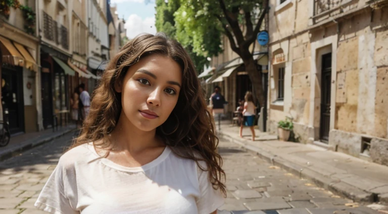 (hyper-realistic:1.2) brown curly hair woman,portrait photo, instagram pose, looking straight into the camera, visiting old city in paris, in the summer, hot weather, sunny day, white t-shirt, blck shorts, zoom focused on womsn's face