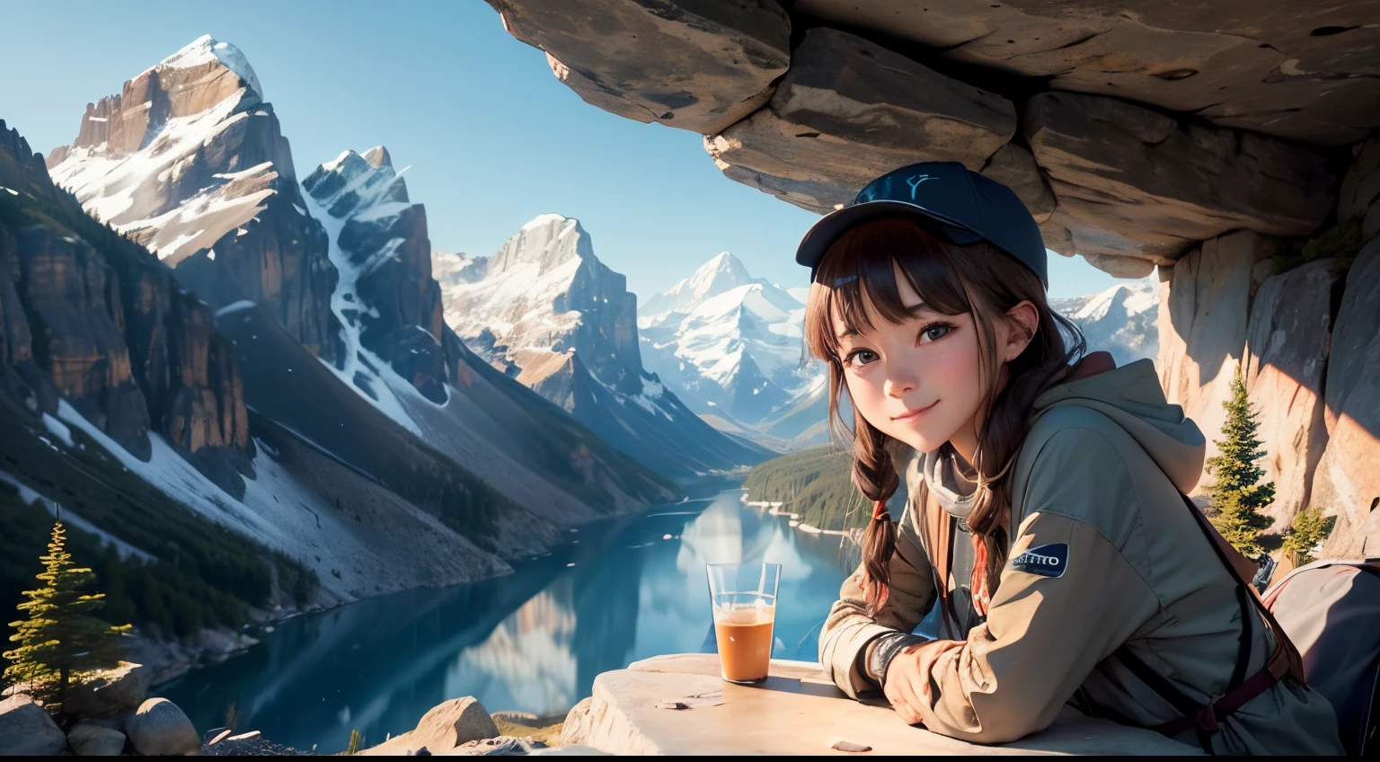 High-definition photos、Eye level、Rugged mountains、campsite surrounded by rocks、teepee、infp young woman、Soio、cute little、Looking here、A smile、dressed casually、On the way、rocky road、Sheer cliffs、cut through、rocky campsite、Small tent、bonfire、Camping Chair、lanthanum。