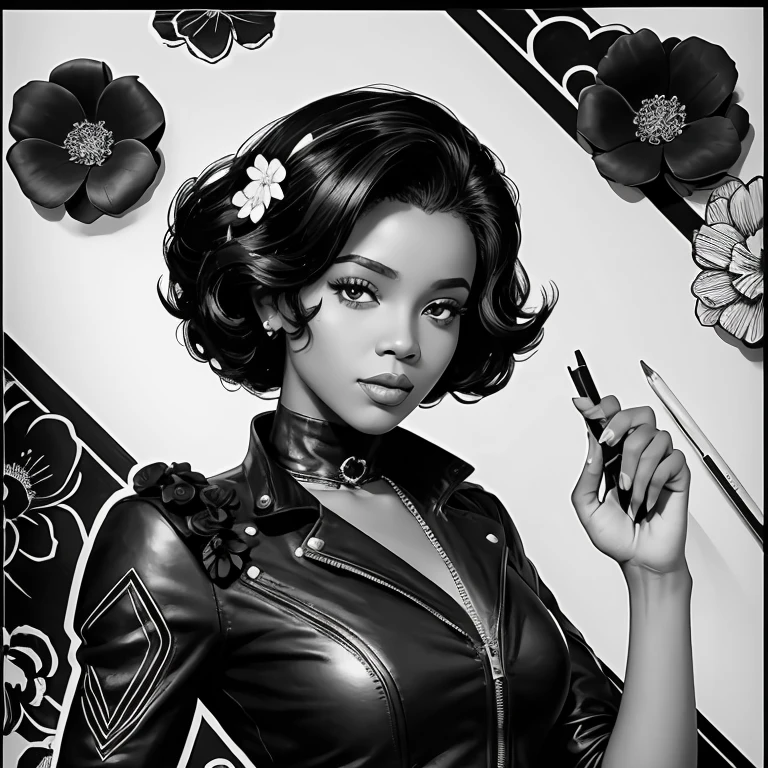 Black and white stick figure 1 black girl with flowers,  flowers in background, leather in dress with flowers, its fine ink line art, comic style, portrait of  black girl, Marilyn Munroe, Hollywood glam, beautiful line art, black and white comic style, manga style, manga art style, pencil and ink caricature drawing, black and white coloring