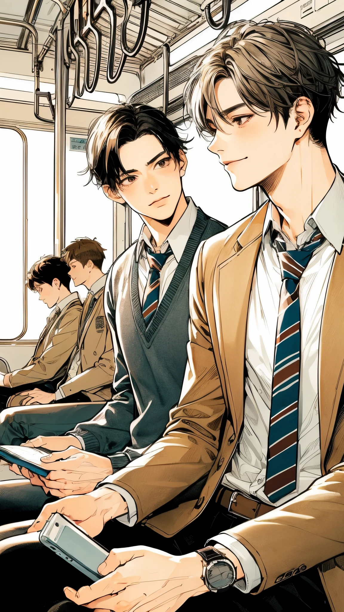 Delicate eyes、eyes with light、two handsome young men, Commuting to school, Train, japanese anime style, High Quality Illustrations, Clear line drawing, Transparent watercolor, Distinct shading, Seated Person, other standing, Friendly conversation, School Uniforms, youthfulness, Friendship, Interior details, daily commute, Vertical configuration, daily settings, bond.