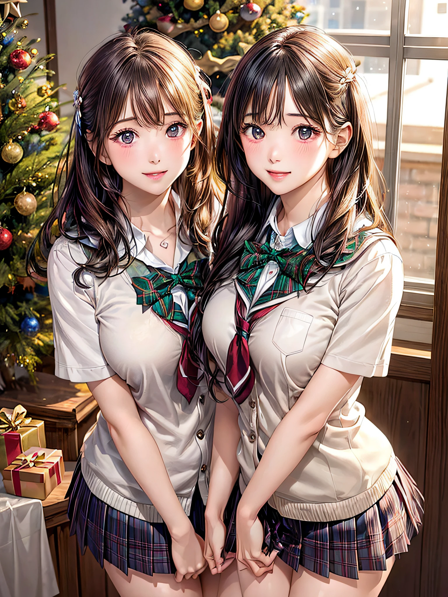 (2girls:1.4), Extremely cute, amazing face and eyes beautiful nice smile), (extremely detailed beautiful face), bright and shiny lips, (School uniform, Pleated skirt:1.3), (Best Quality:1.4), (hyper quality), (Ultra-detailed), (Hyper-realistic, Photorealsitic:1.37), Authentic skin texture, intricate-detail, extremely detailed CG unified 8k wallpaper, RAW Photos, professional photograpy, Cinematic lighting, Exposing, Christmas tree, Christmas Ornaments, Christmas Decorations, Christmas Lights, Christmas Lights,