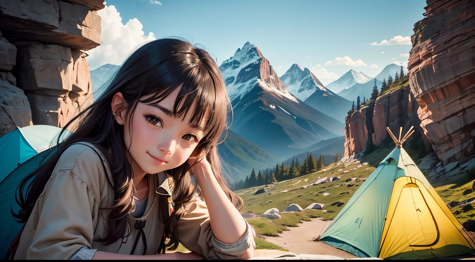 High-definition photos、Eye level、Rugged mountains、campsite surrounded by rocks、teepee、infp young woman、Soio、cute little、Looking here、A smile、dressed casually、On the way、rocky road、Sheer cliffs、cut through、rocky campsite、Small tent、bonfire、Camping Chair、lanthanum。