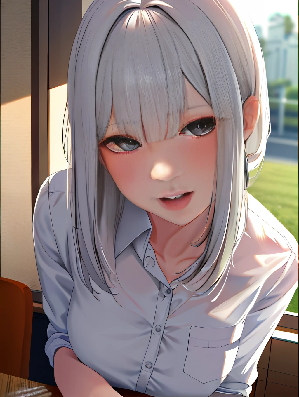 1人、White shirt、a matural female、Blunt bangs、the bow、a picture、realisticlying、top-quality、adopt、A detailed face、s Office、Building from the window、细致背景、diffuse sunlight、depth of fields、ahegao (fucked silly / sexual ecstasy)