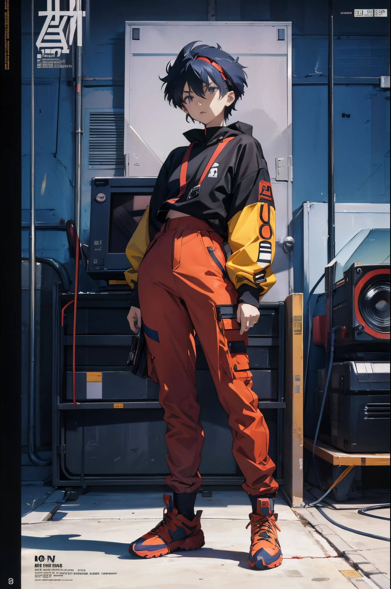 line-art, art book, design sheet, 8k, best quality, design, equipment design, Evangelion, eva, cowboy bebop, geometry, wearing Yeezy fashion, magazine, illustrations