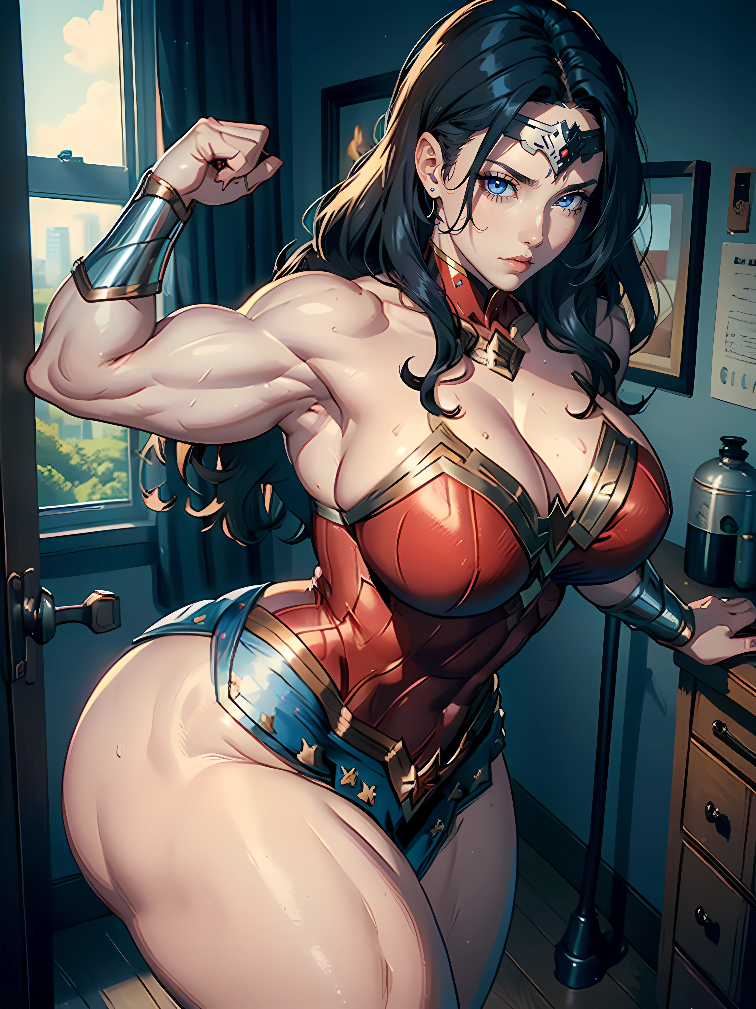 Wonder Woman, ((((very muscular)))), curvy, (((large breasts))), thick thighs, long legs, feet in frame, red leotard, blue skirt, silver cuffs, large breasts, arched back, large booty, sweaty,