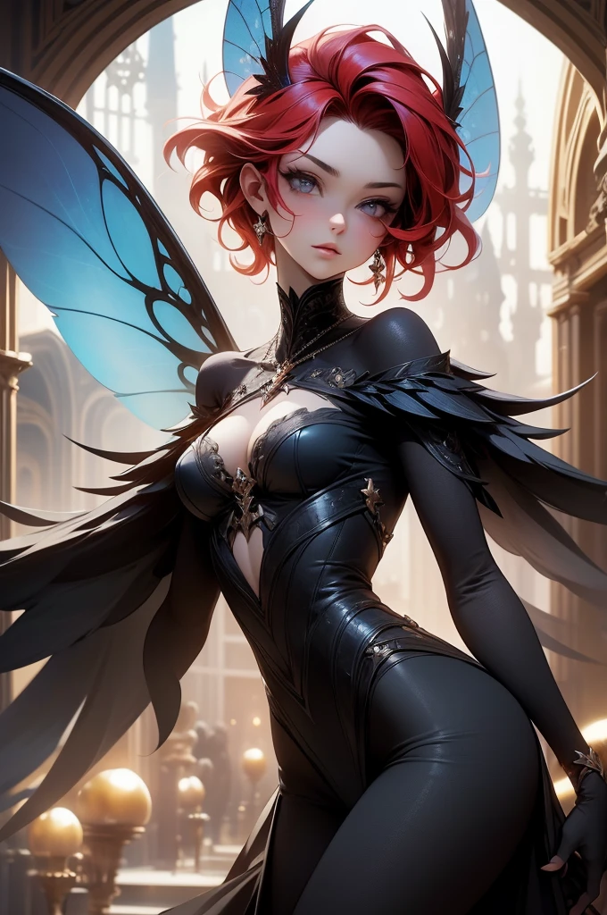 (Absurd, high quality, ultra -compared, careful with the hand) fairy, fairy wings, dreamer body, vivid, romantic and all. Optimistic face, just lies, without entry and intellectual. Reckless style, cold heart, impatient and too confident. Gray eyes, ripe and dark (eyes of the eyes), enchanted fairy (pixie) . Short hair, red hair. In the carnival row illustration, flying. Whole body