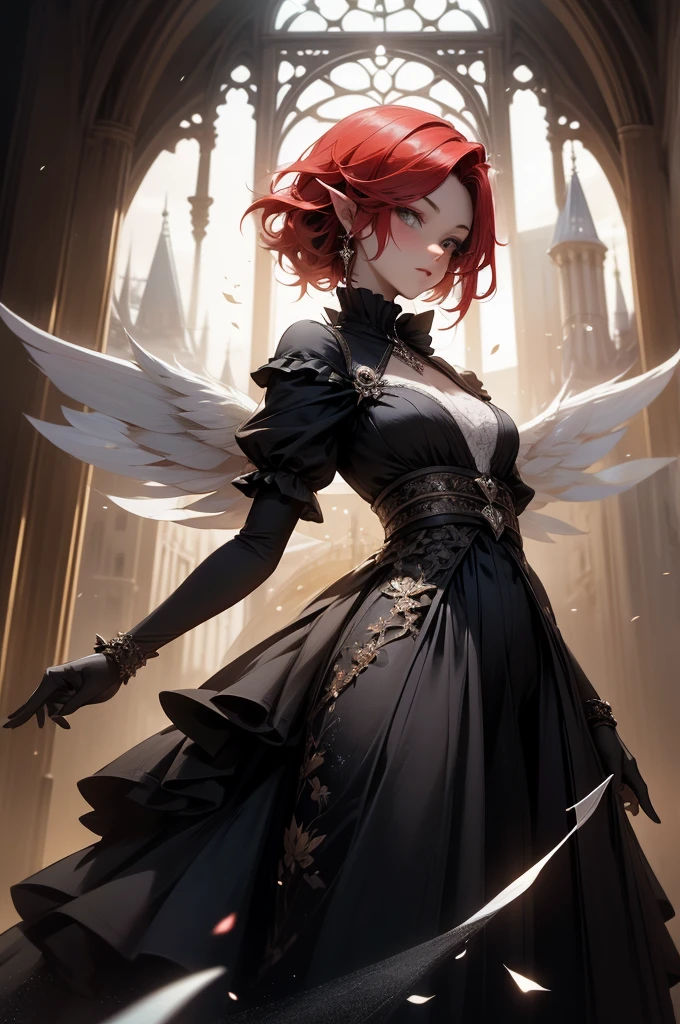 (Absurd, high quality, ultra -compared, careful with the hand) fairy, fairy wings, dreamer body, vivid, romantic and all. Optimistic face, just lies, without entry and intellectual. Reckless style, cold heart, impatient and too confident. Gray eyes, ripe and dark (eyes of the eyes), enchanted fairy (pixie) . Short hair, red hair. In the carnival row illustration, flying. Whole body