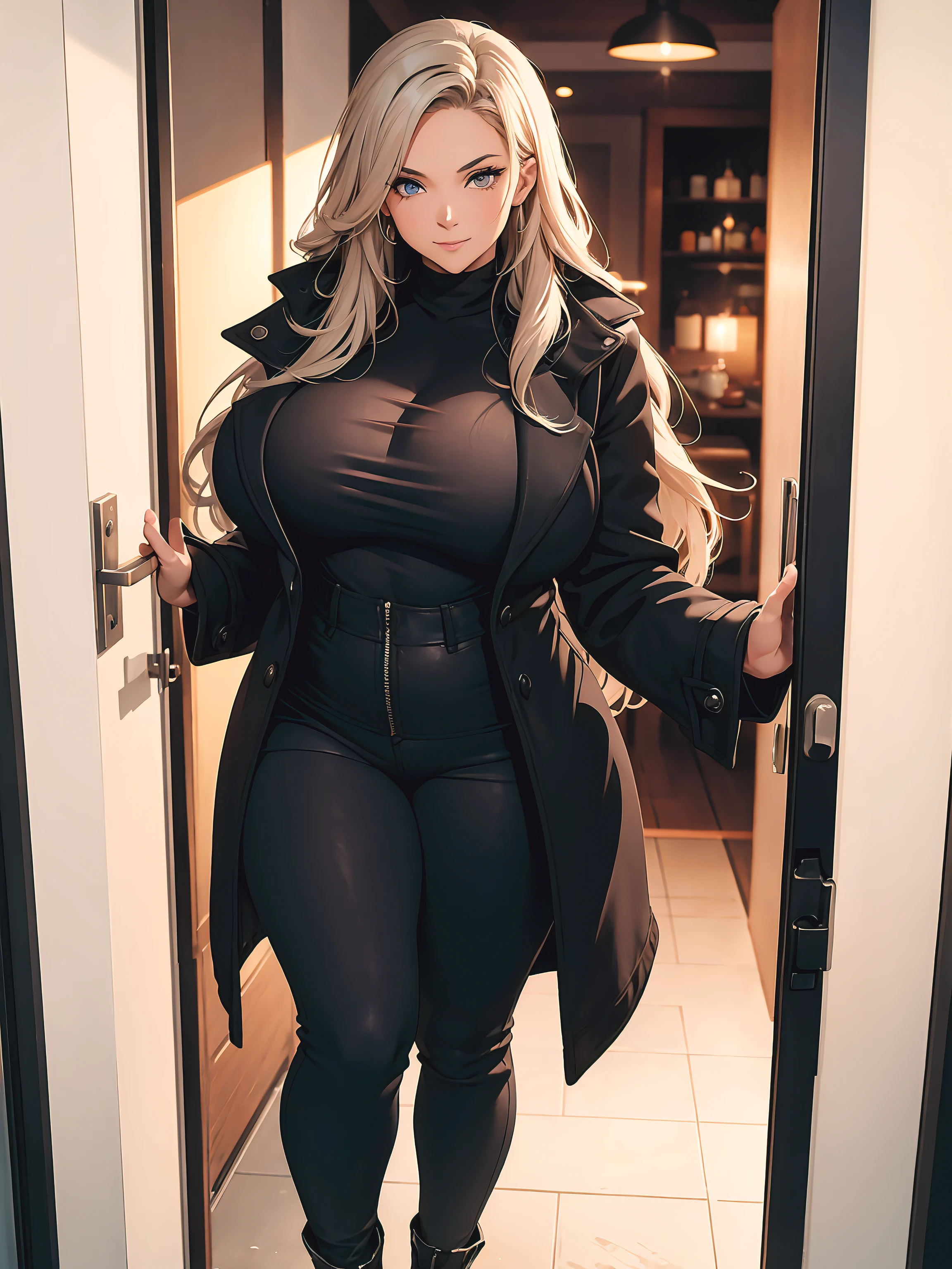 View through a door to the outside, night, winter, a voluptuous woman with a curvy body waits outside, long hair, lustful smirk, she is wearing a open winter coat, tight pants, Is undecided whether she should enter, depth of field, shot from above,