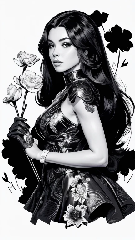 Black and white stick figure 1 black girl with flowers, flowers in background, leather in dress with flowers, its fine ink line art, comic style, portrait of black girl, Marilyn Munroe, long black hair, Hollywood glam, beautiful line art, black and white comic style, manga style, manga art style, pencil and ink caricature drawing, black and white coloring