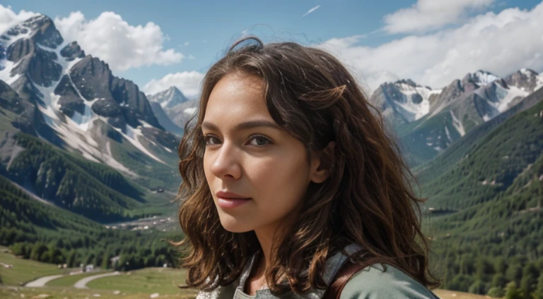 (hyper-realistic:1.2) brown curly hair woman,portrait photo, instagram pose, looking at mountains far away , hiking in high mountains, standing close to the clif, polish tatry, hiking siut, sunny wheather, clouds on the sky