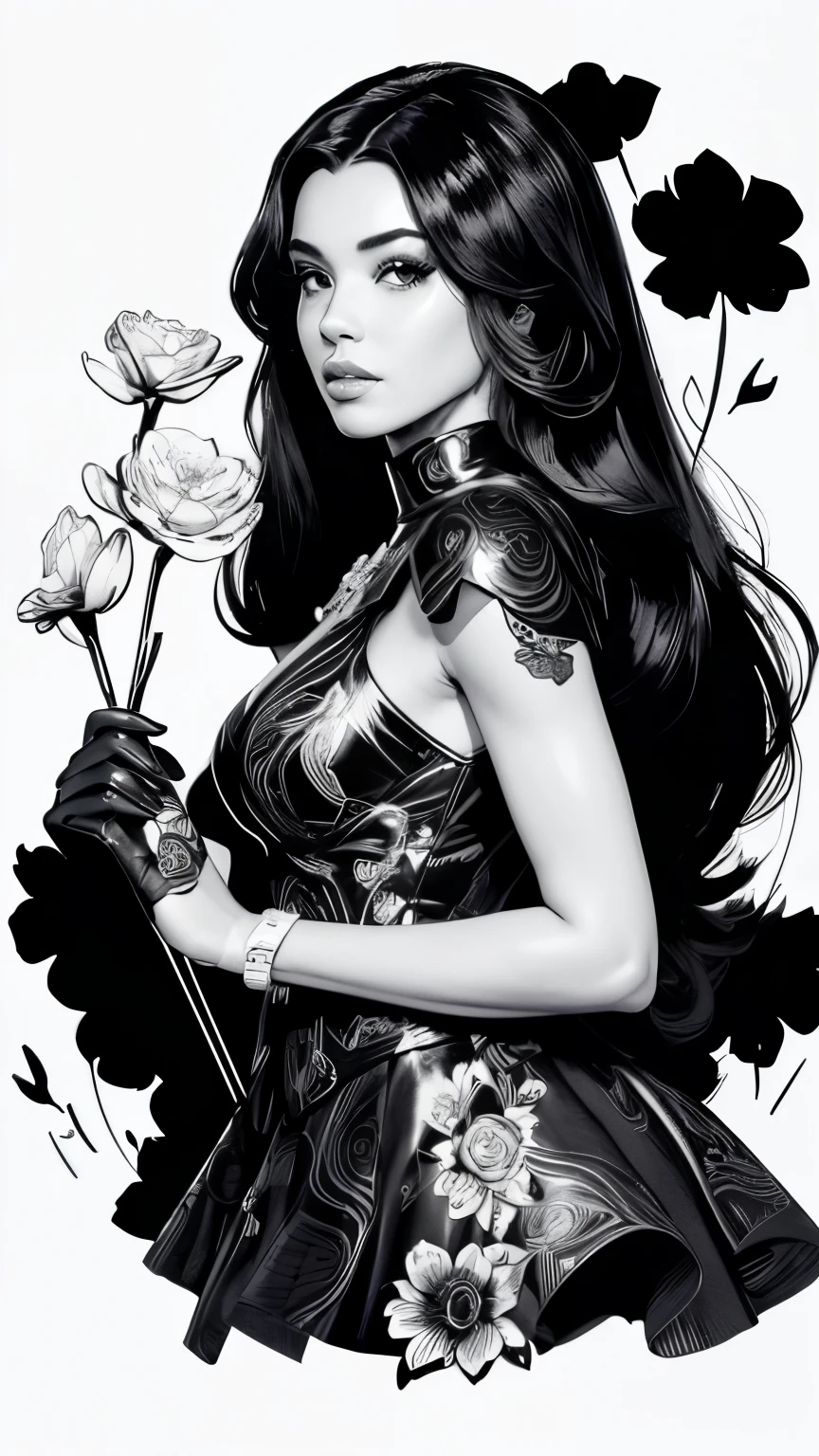 Black and white stick figure 1 black girl with flowers,  flowers in background, leather in dress with flowers, its fine ink line art, comic style, portrait of  black girl, Marilyn Munroe, long black hair, Hollywood glam, beautiful line art, black and white comic style, manga style, manga art style, pencil and ink caricature drawing, black and white coloring