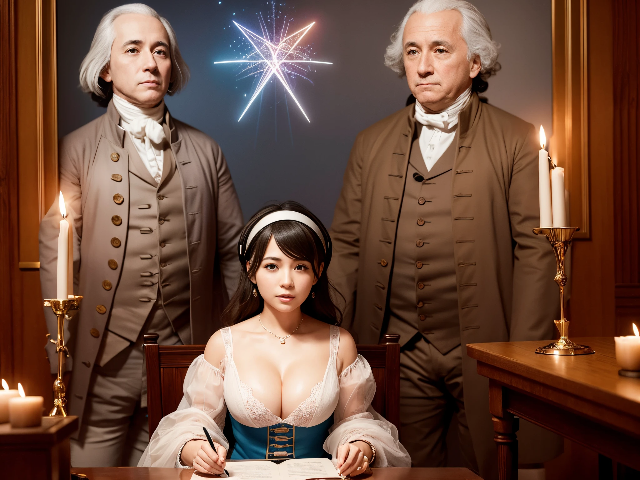 Immerse celebrants in a virtual reality experience where they witness the signing of the Declaration of Independence amidst fractal projections and interactive displays. Mega Tits