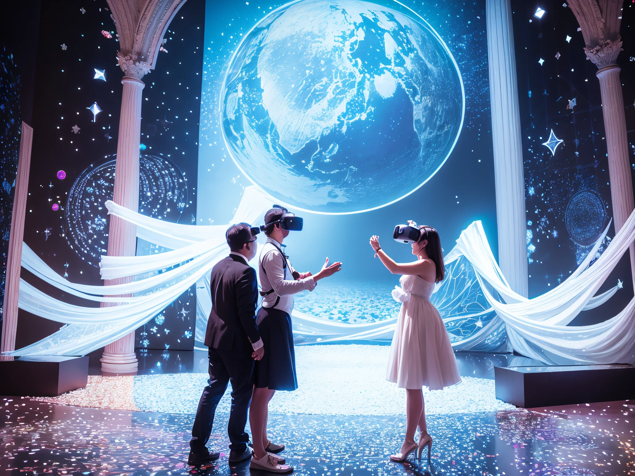 Immerse celebrants in a virtual reality experience where they witness the signing of the Declaration of Independence amidst fractal projections and interactive displays. Mega Tits