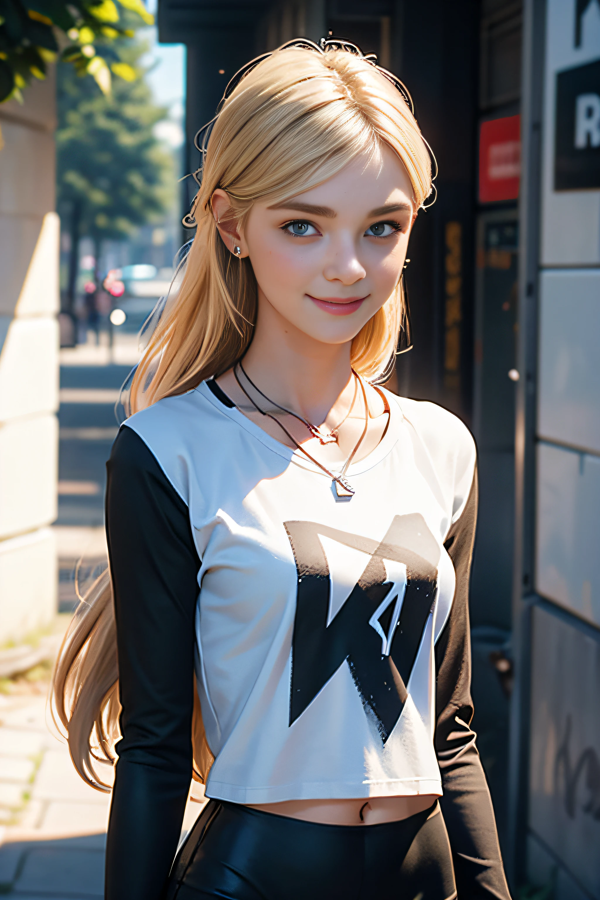 17 year old girl walking through Berlin Neuköln, blonde long hair, black leggings, long t-shirt, white t-shirt with graffity, fit, rachel cook, cap, necklace, bracelets, smiling