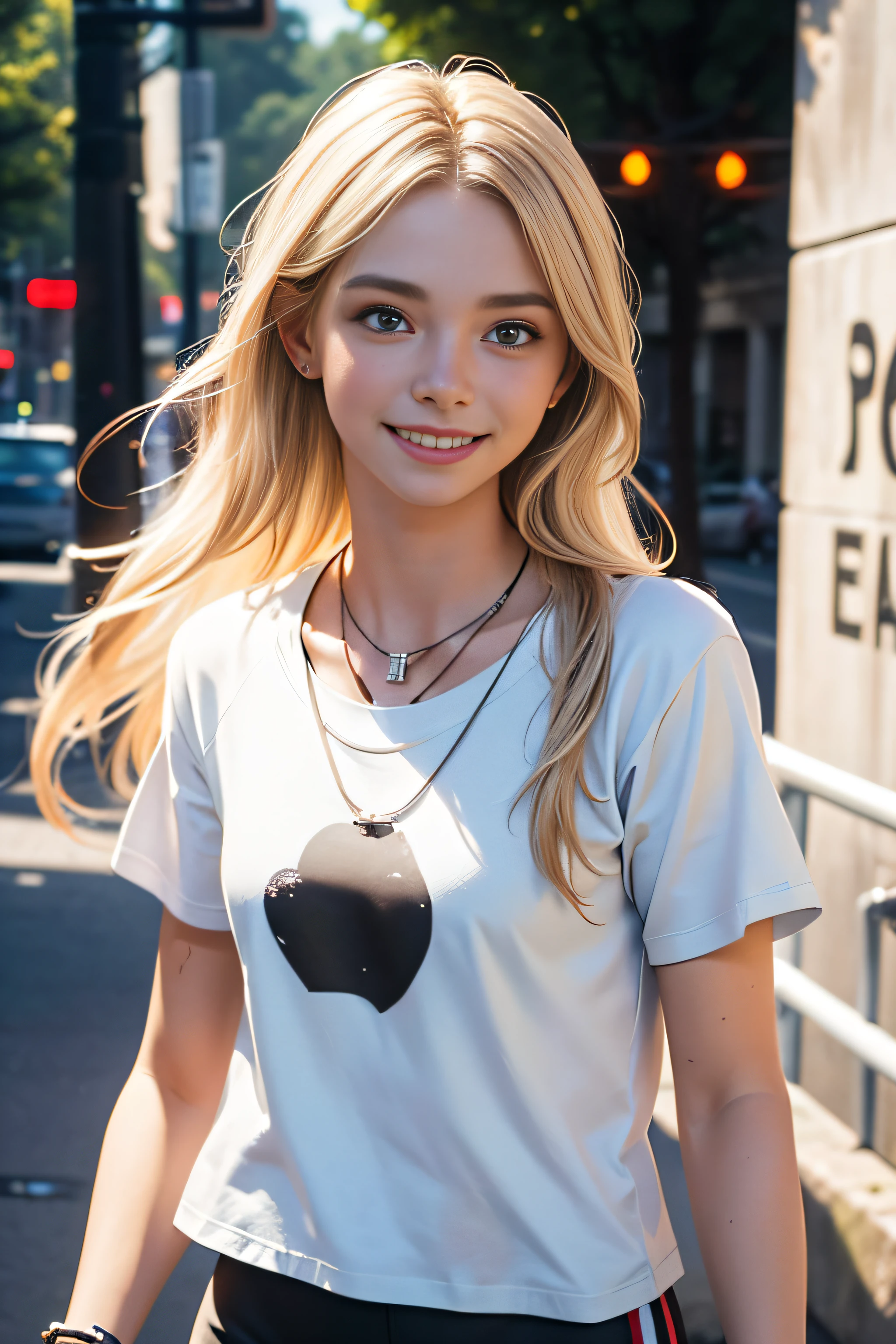  girl walking through Berlin Neuköln, blonde long hair, black leggings, long t-shirt, white t-shirt with graffity, fit, rachel cook, cap, necklace, bracelets, smiling