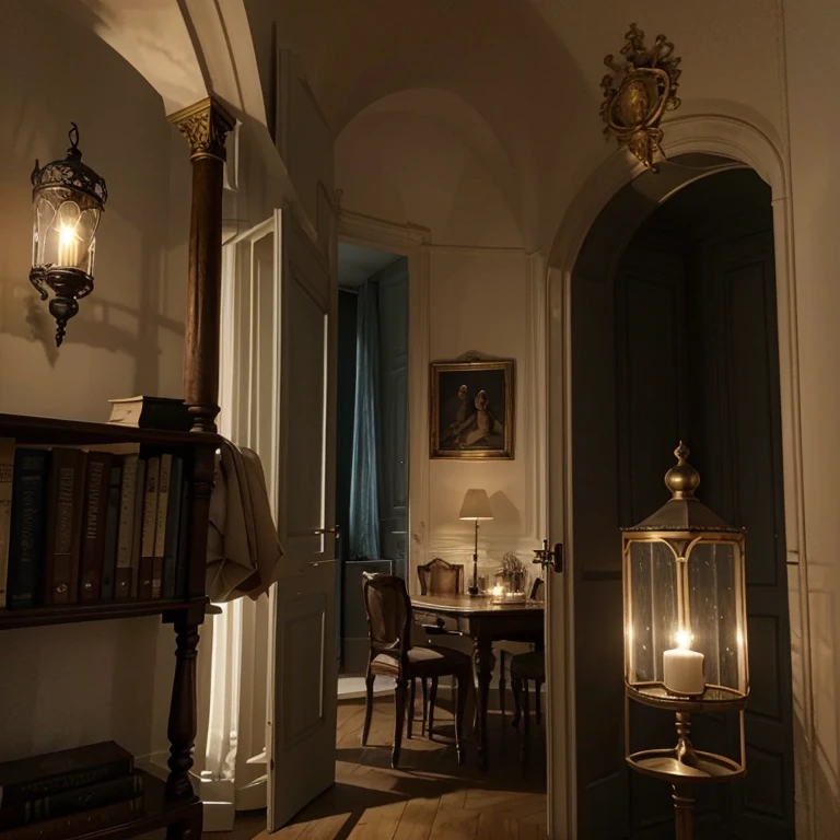 Dessines moi un appartement deux pièces avec une décoration sur le thème de la saga Harry Potter avec les éléments de décorations suivants : lanternes, balai de sorcier, baguette magique, chapeau de sorcier, bibliothèque avec grimoire
