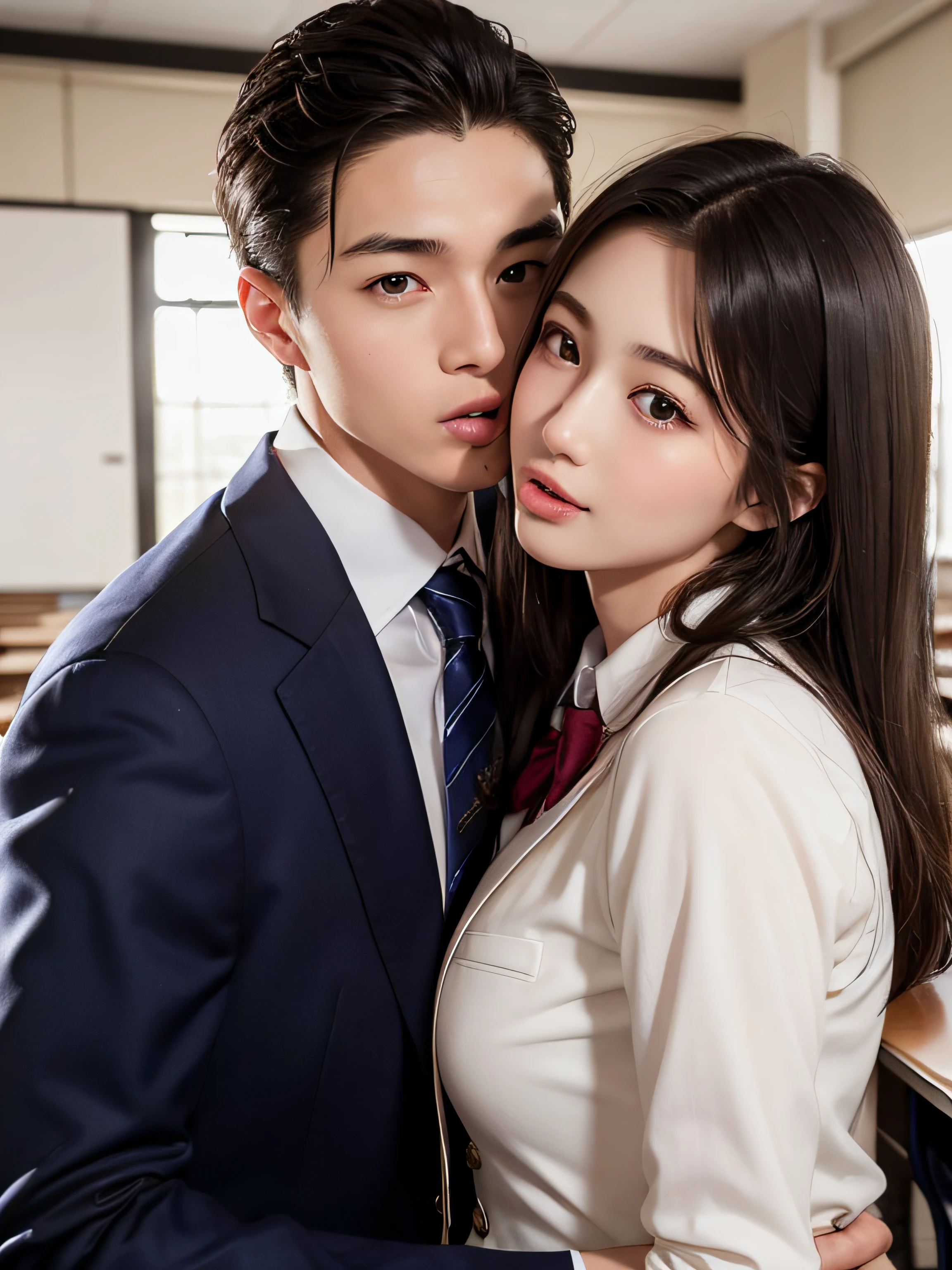 top-quality、hight resolution、ultra-detailliert、​masterpiece、Raw photography、realisitic、Photorealsitic:1.5、extremely delicate and beautiful、finely detail、 Beautiful woman in high school uniform、Kissing a beautiful man in a suit with his tongue、(In an empty classroom)、A detailed face